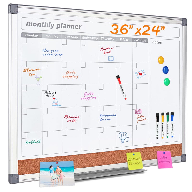 MAKELLO Dry Erase Calendar for Wall 36" x 24", Large Calendar Whiteboard with Cork Board for Office, Home, School, Family, Kitchen and Bedroom, 3' x 2' - Image 1
